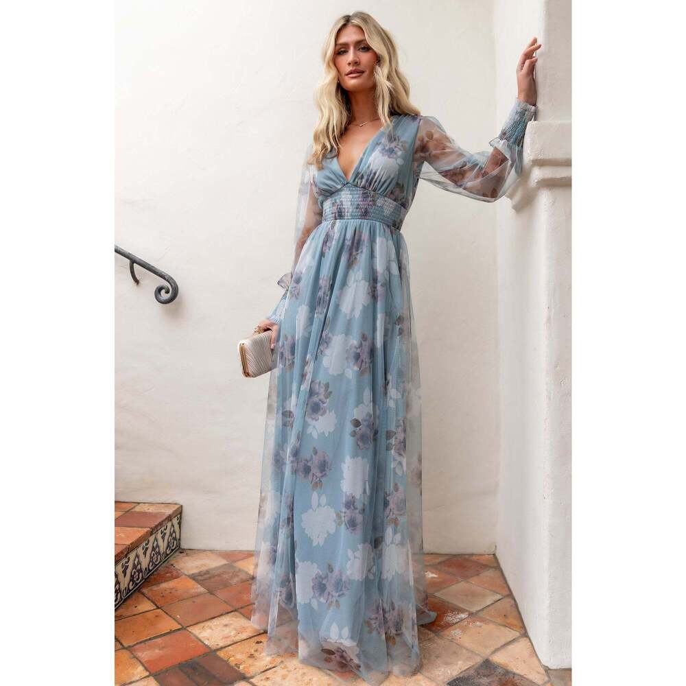 Baltic Born Layla Tulle Maxi Dress | Light Blue Floral Size SS